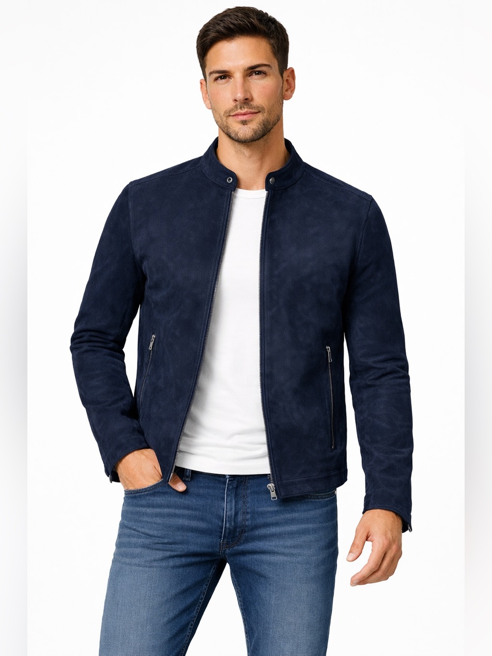 Michael Kors Perforated Zip Suede Jacket in Navy